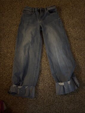 Washed Blue Boyfriend Jeans with Distressed Rolled Cuffs